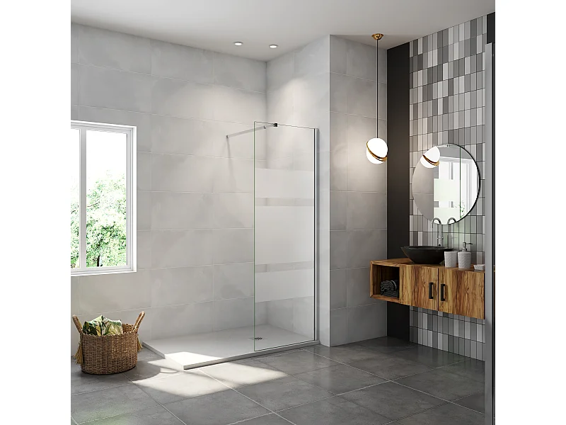 AICA inloopdouchewand 90x190cm, 6mm antikalk glas met horizontale zeefdrukbanden, uitschuifbare bevestigingsstang 73-120cm