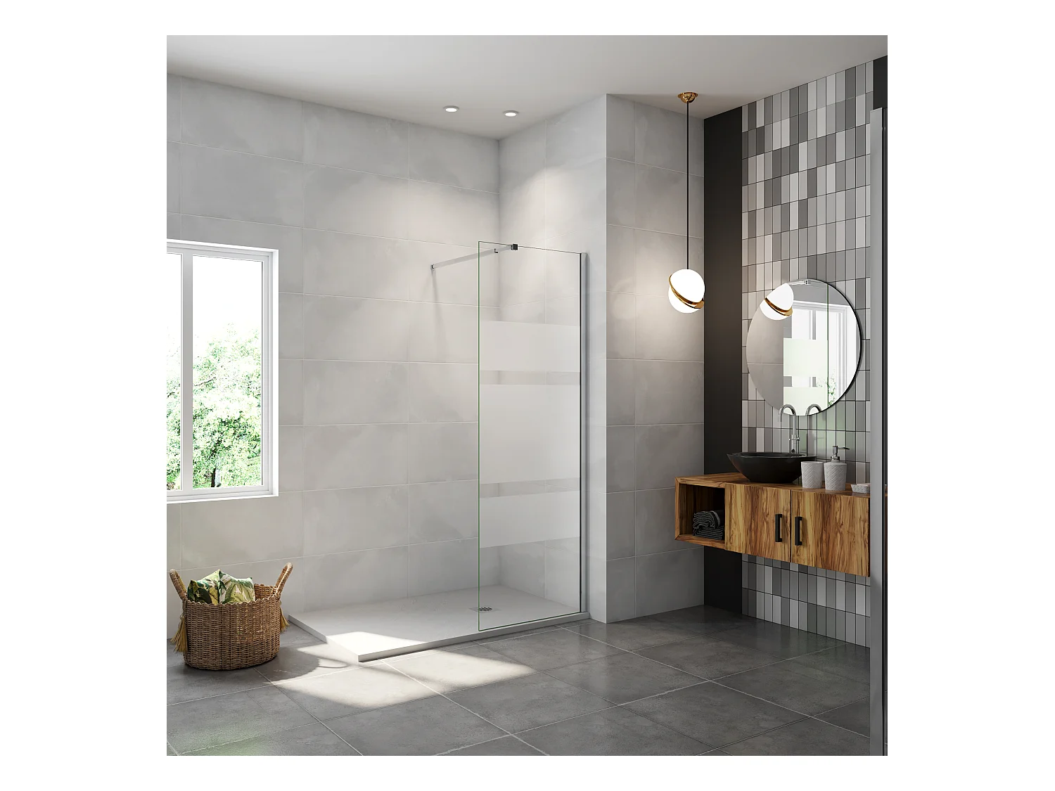AICA inloopdouchewand 90x190cm, 6mm antikalk glas met horizontale zeefdrukbanden, uitschuifbare bevestigingsstang 73-120cm