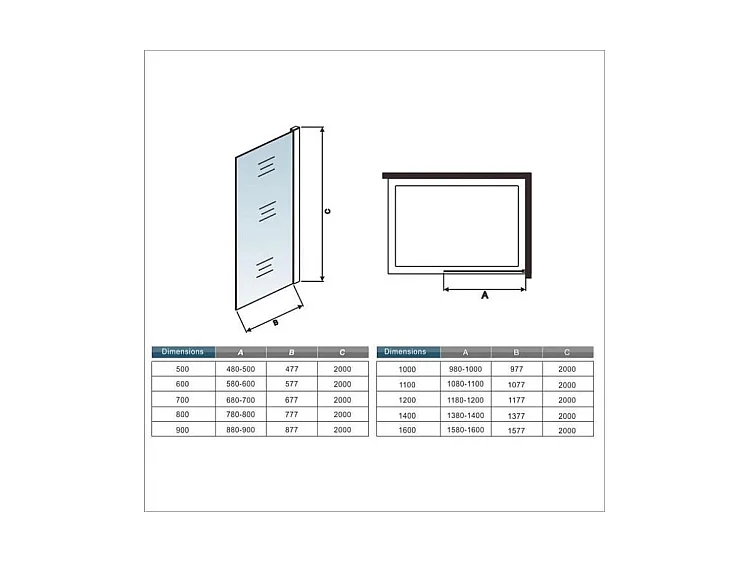 AICA douchewand 90x200cm met zwarte vierkante bevestigingsstang 45cm, Italiaanse douchewand, 8mm antikalk glas, werkplaatsstijl - Matzwart