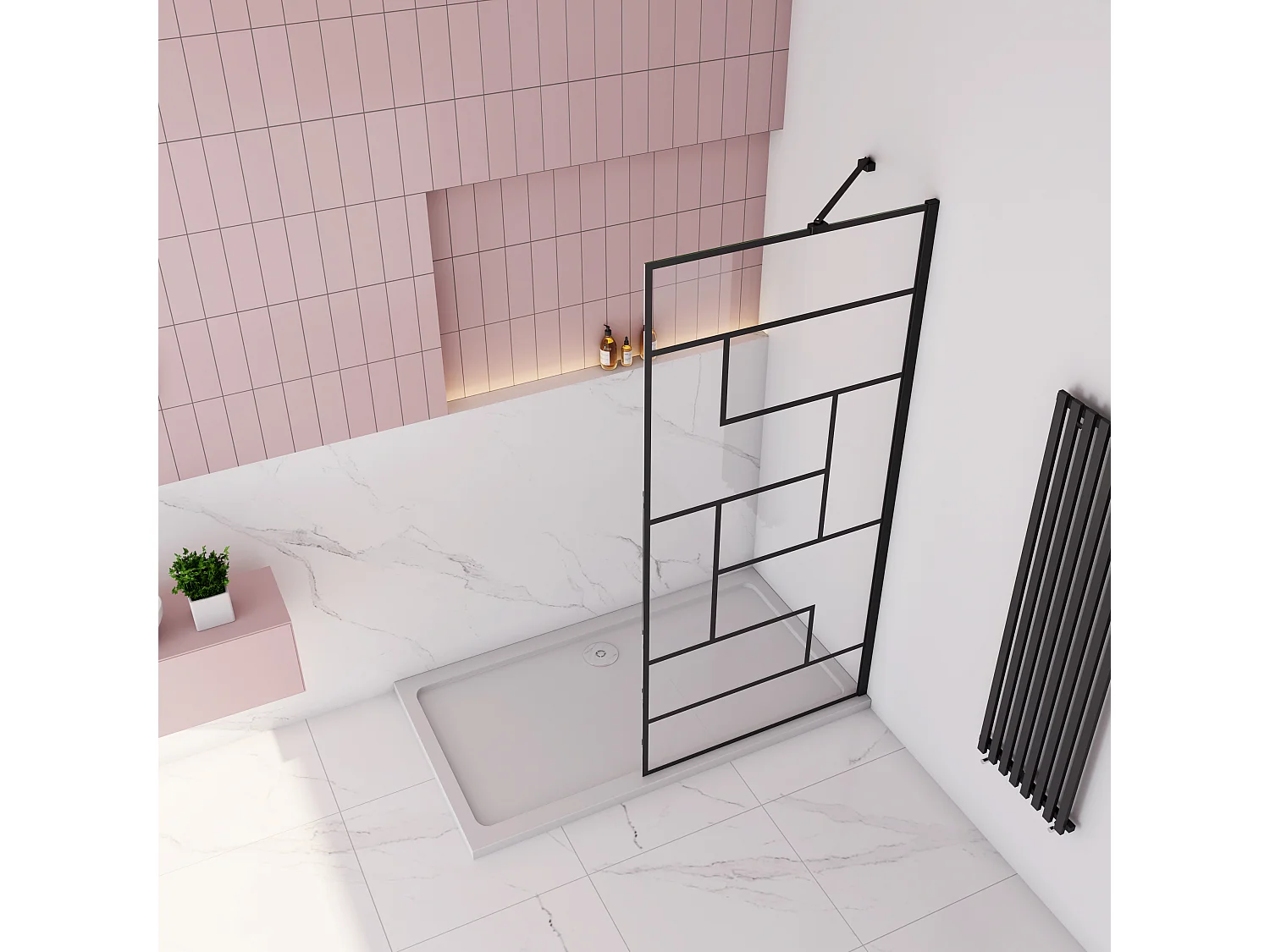 AICA paroi de douche 90x200cm avec barre de fixation noire carrée 45cm,Paroi de douche à l'italienne,8mm verre anticalcaire,style atelier - Noir mat