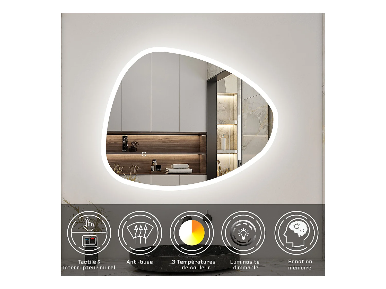 AICA Miroir de salle de bain asymétrique 80x55cm led Teardrop Mirror 3 Colours Dimmable + Anti-buée + Mémoire