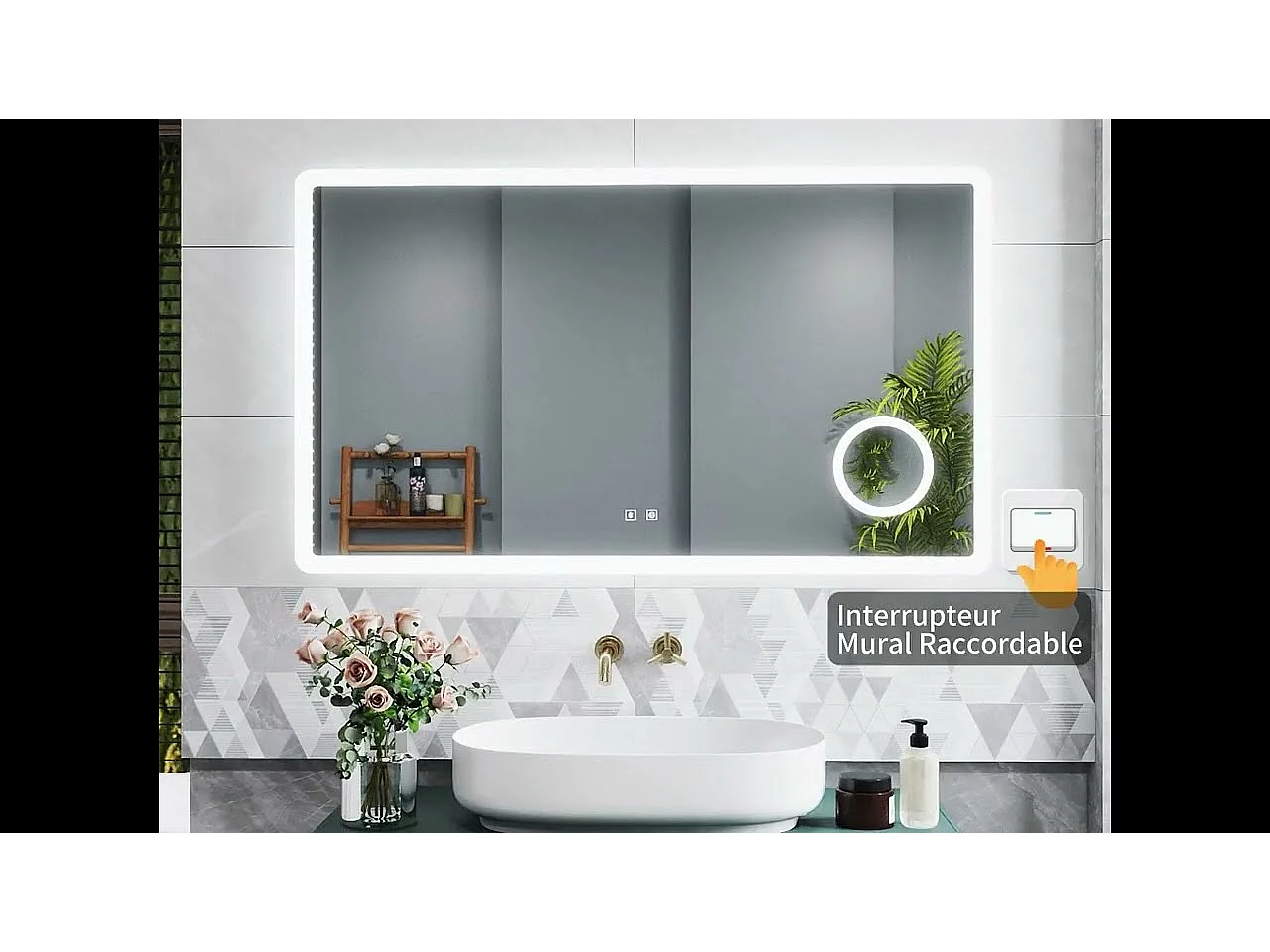 AICA Miroir de salle de bain LED 100x60cm tricolor anti-buée avec bluetooth et loupe 3x,mémoire et lumière gradation