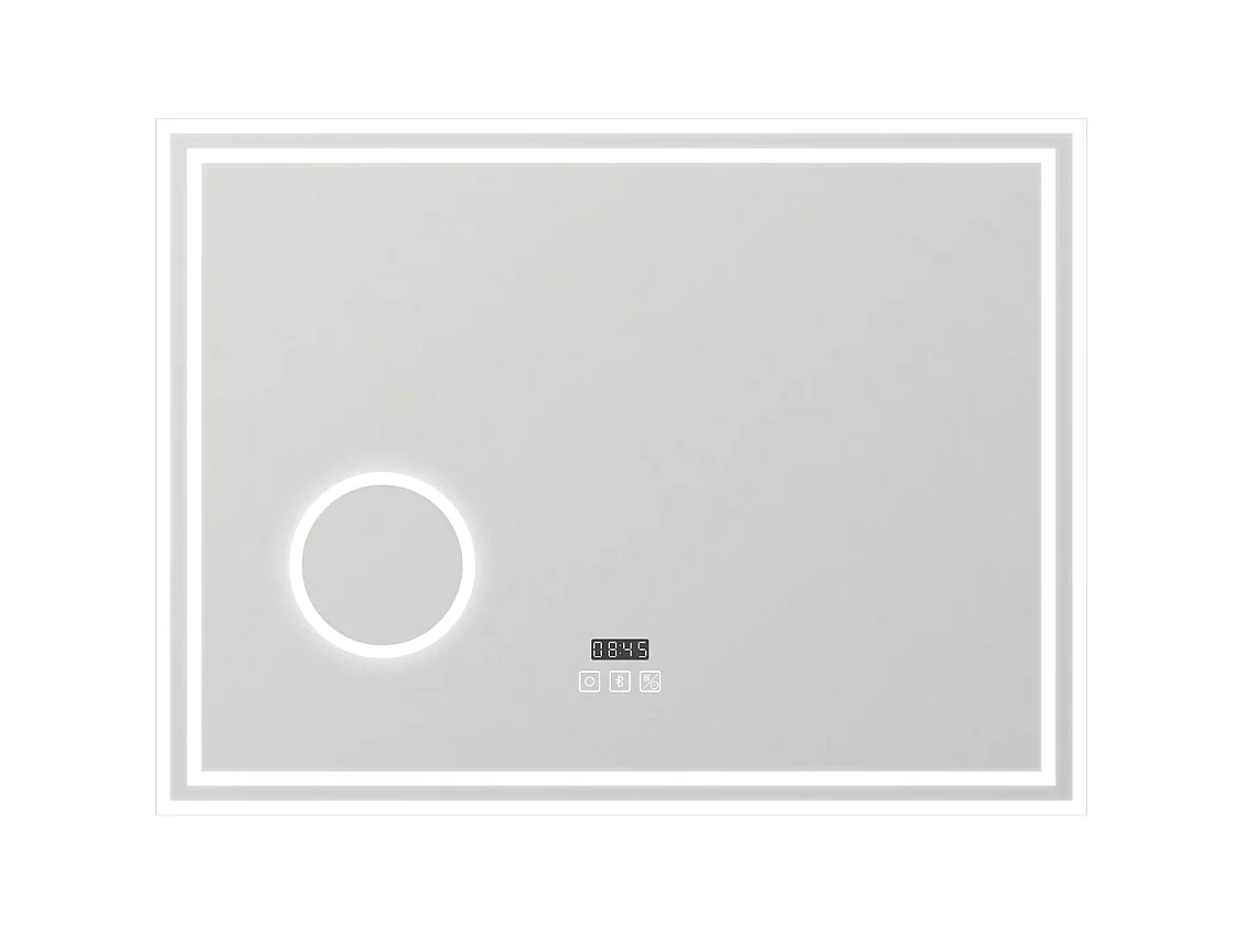 AICA Miroir de salle de bain LED 80x60cm Tricolor anti-buée avec bluetooth simple, horloge et miroir grossissant 3x