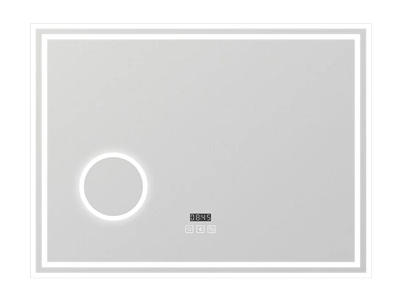 AICA Miroir de salle de bain LED 80x60cm Tricolor anti-buée avec bluetooth simple, horloge et miroir grossissant 3x