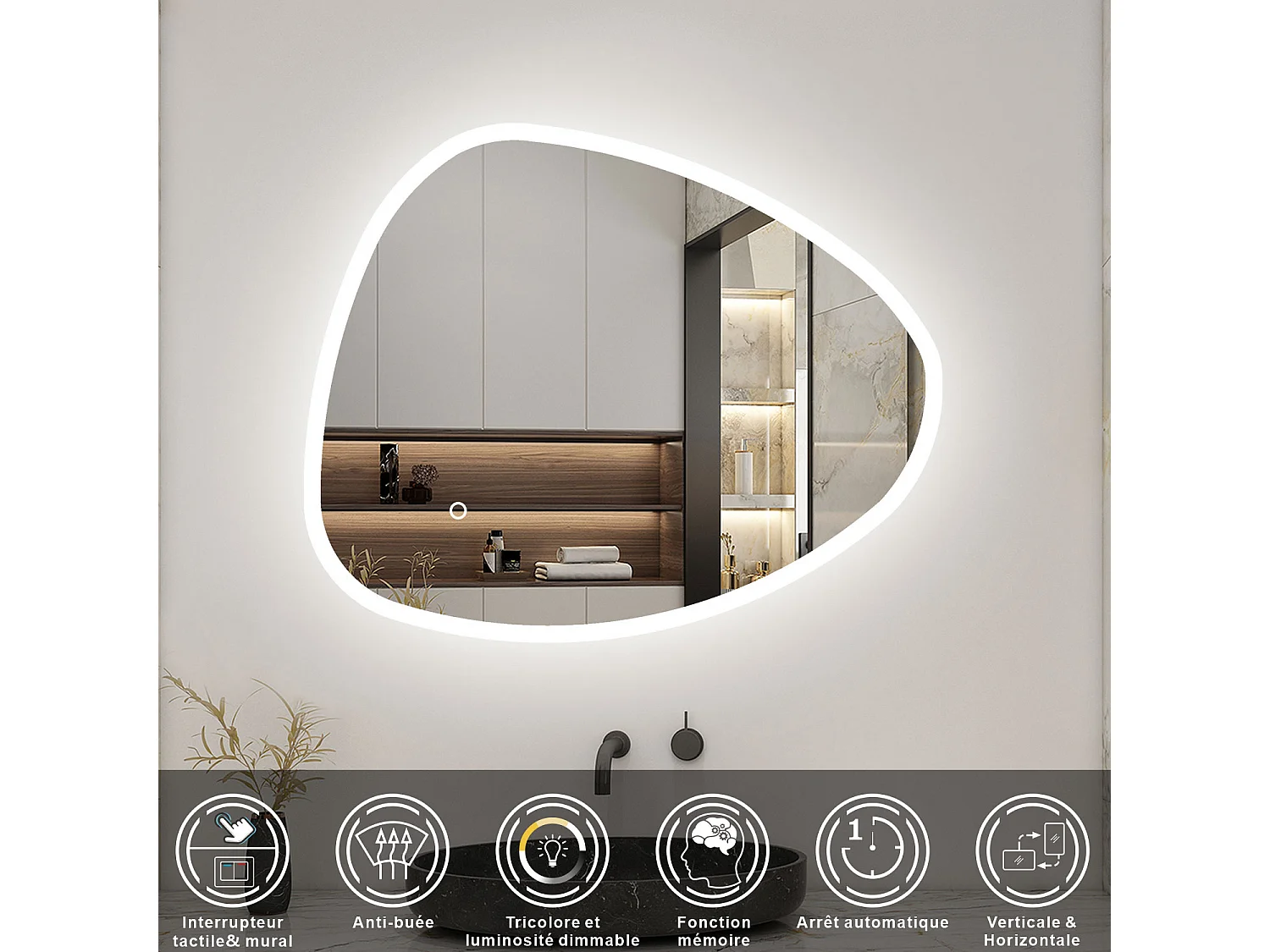 AICA Miroir de salle de bain asymétrique 100x80cm led Teardrop Miroir 3 Colours Dimmable + Anti-buée + Mémoire