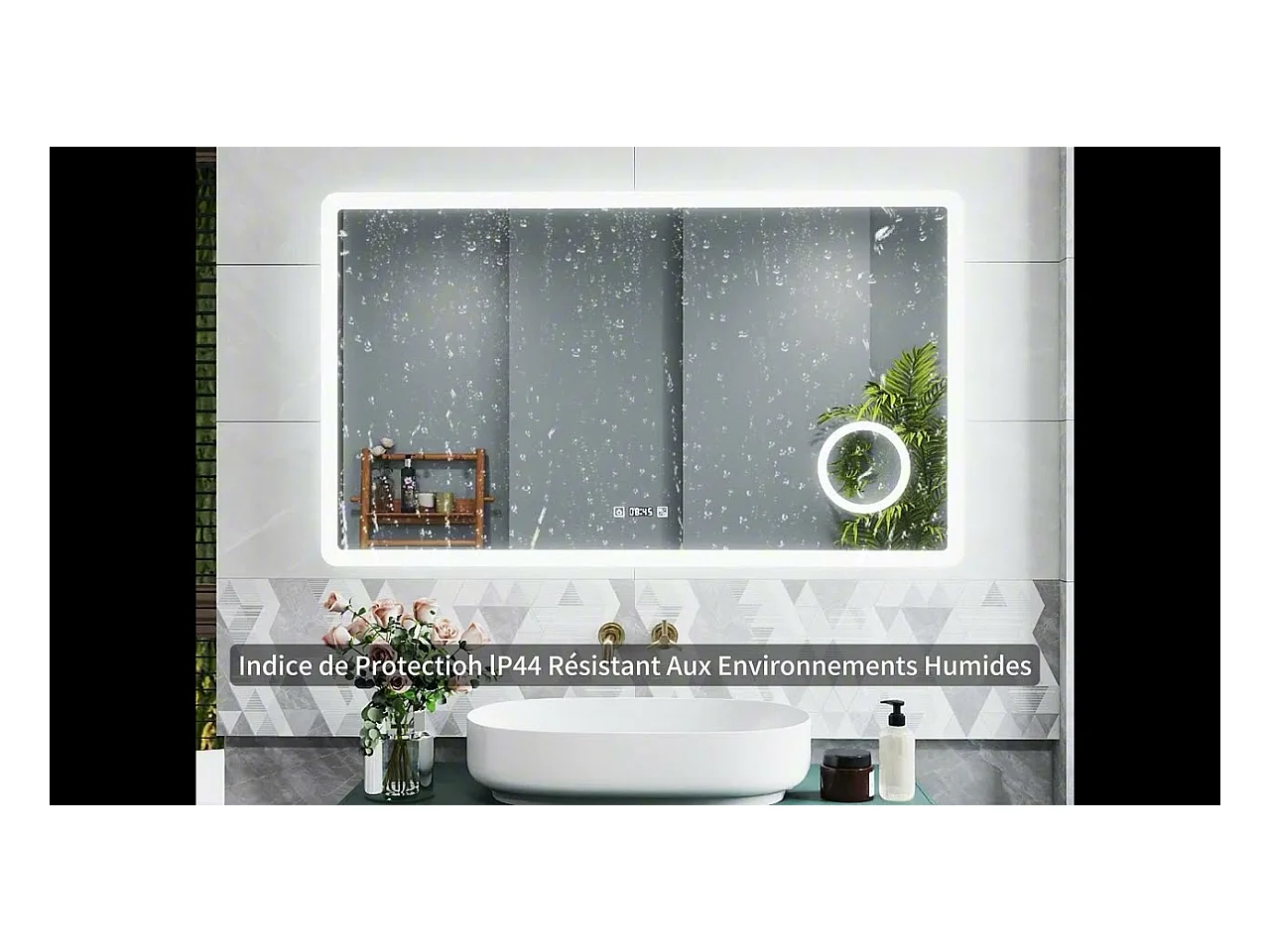 AICA Miroir de salle de bain anti-buée avec horloge, blanc froid chaud neutre tactile mural miroir 80x60cm