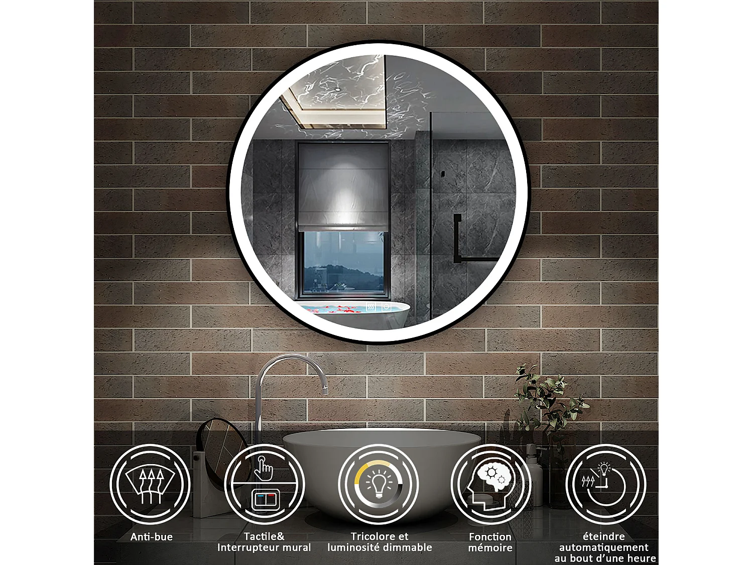 AICA Miroir de salle de bain LED rond 70cm avec cadre noir, tricolore + anti-buée + mémoire + gradation infinie