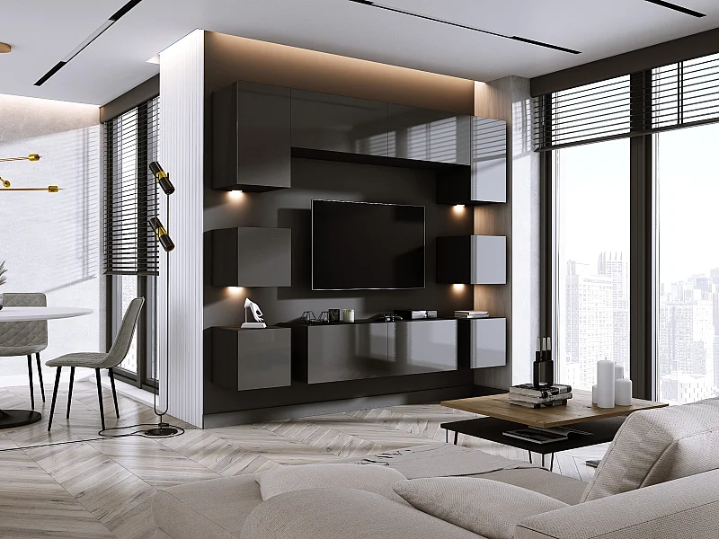 Elément mural, Blanc Mat / Blanc Brillant, largeur : 228 cm, hauteur : RÉGLABLE, profondeur : 35 cm