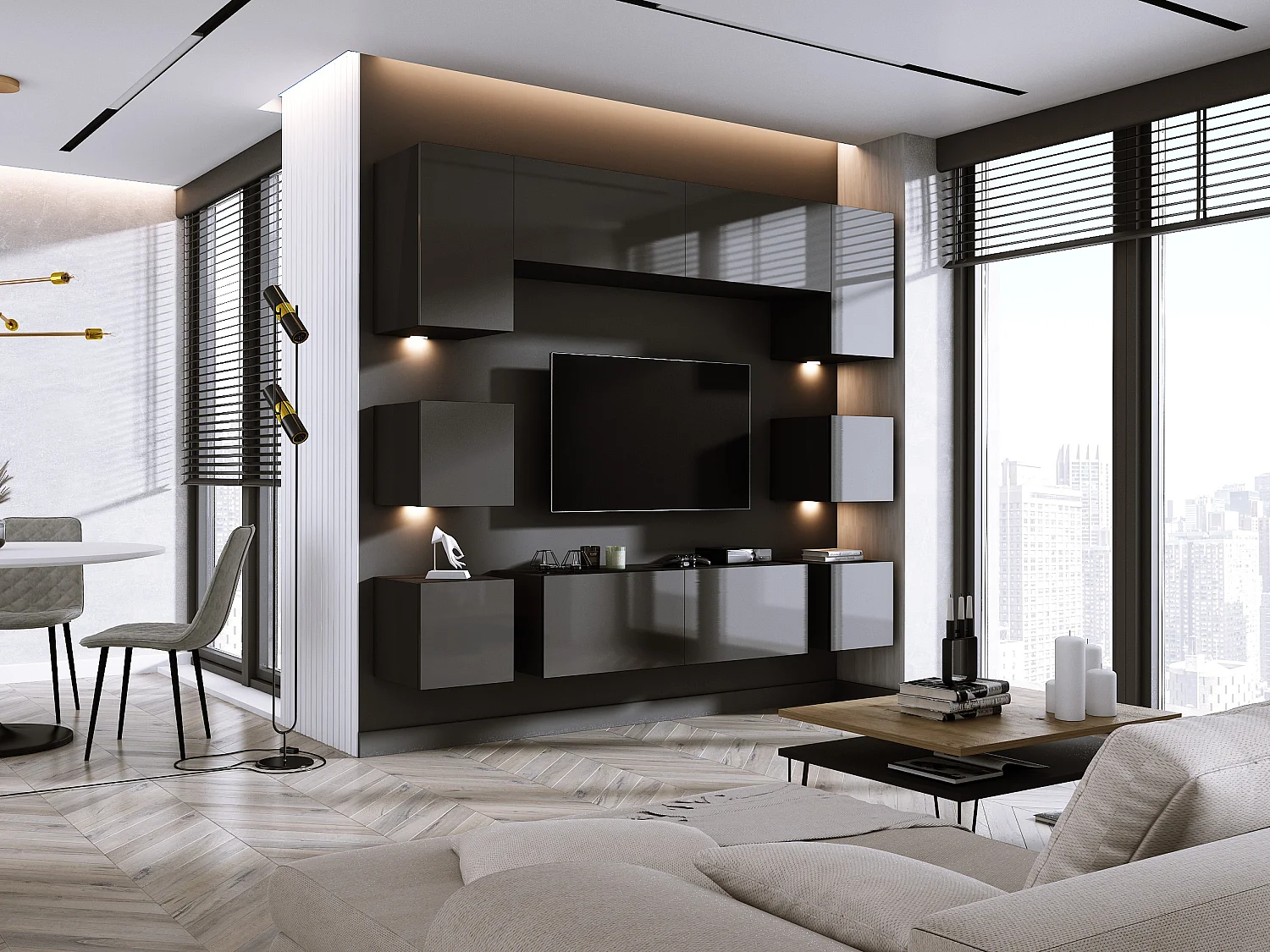 Conjunto de mueble de TV de pared, mueble de pared, negro mate/gris brillante, mueble de pared LED para sala de estar