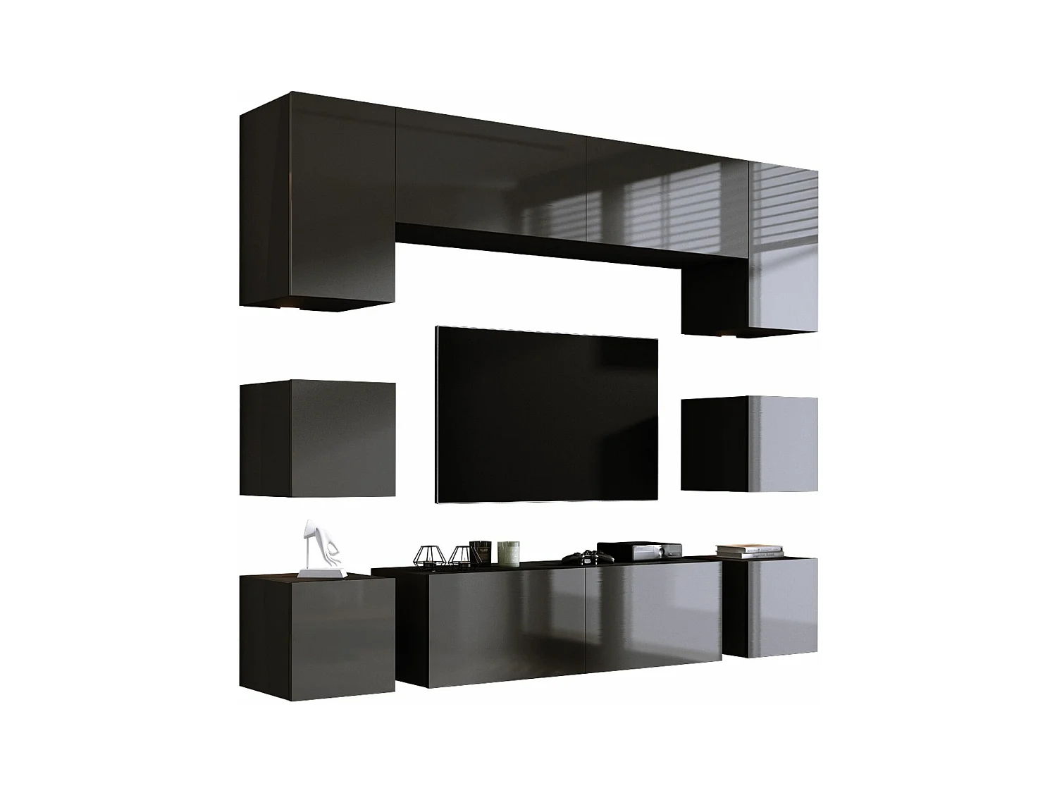 Conjunto de mueble de TV de pared, mueble de pared, negro mate/gris brillante, mueble de pared LED para sala de estar