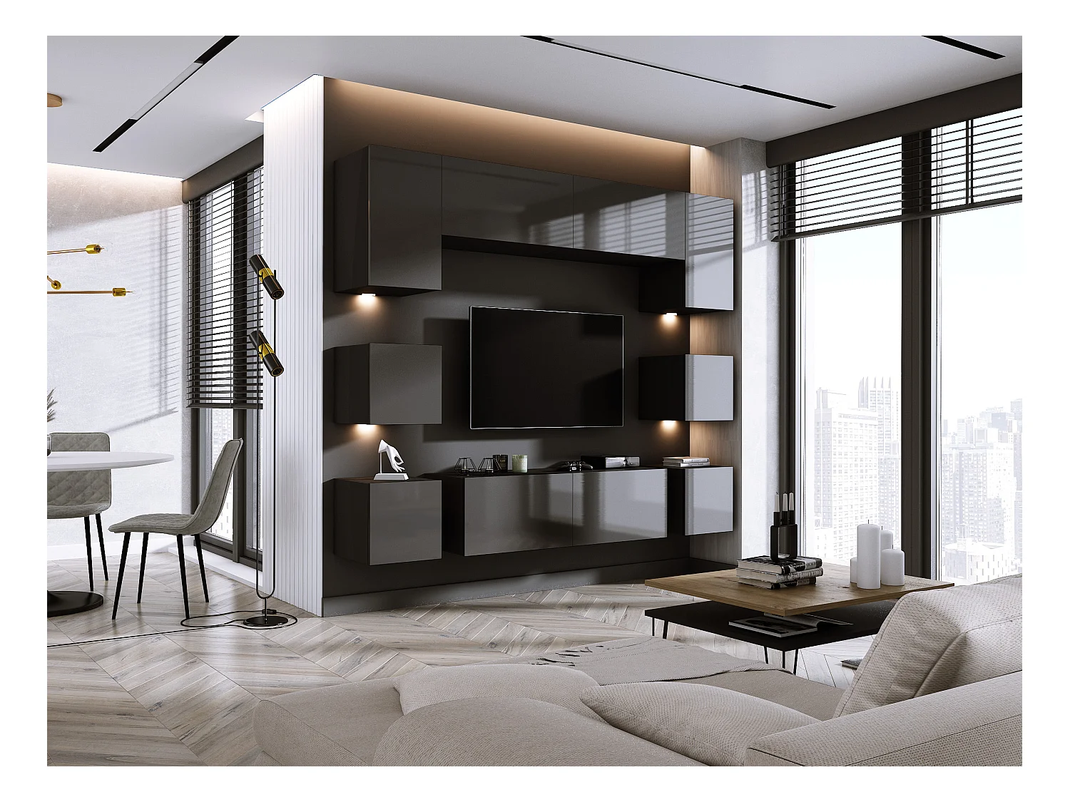 Elément mural, Blanc Mat / Blanc Brillant, largeur : 228 cm, hauteur : RÉGLABLE, profondeur : 35 cm