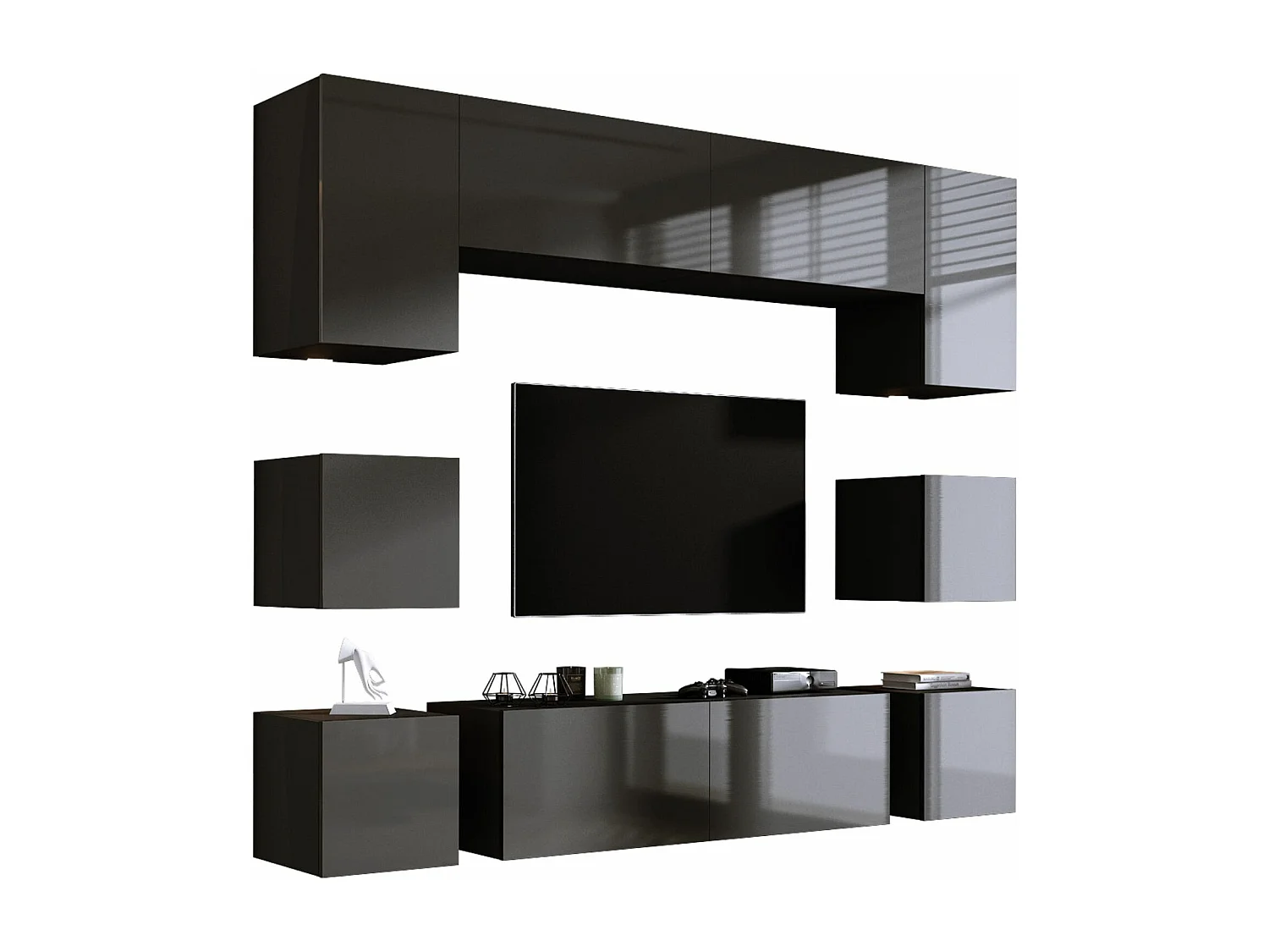 Elément mural, Blanc Mat / Blanc Brillant, largeur : 228 cm, hauteur : RÉGLABLE, profondeur : 35 cm