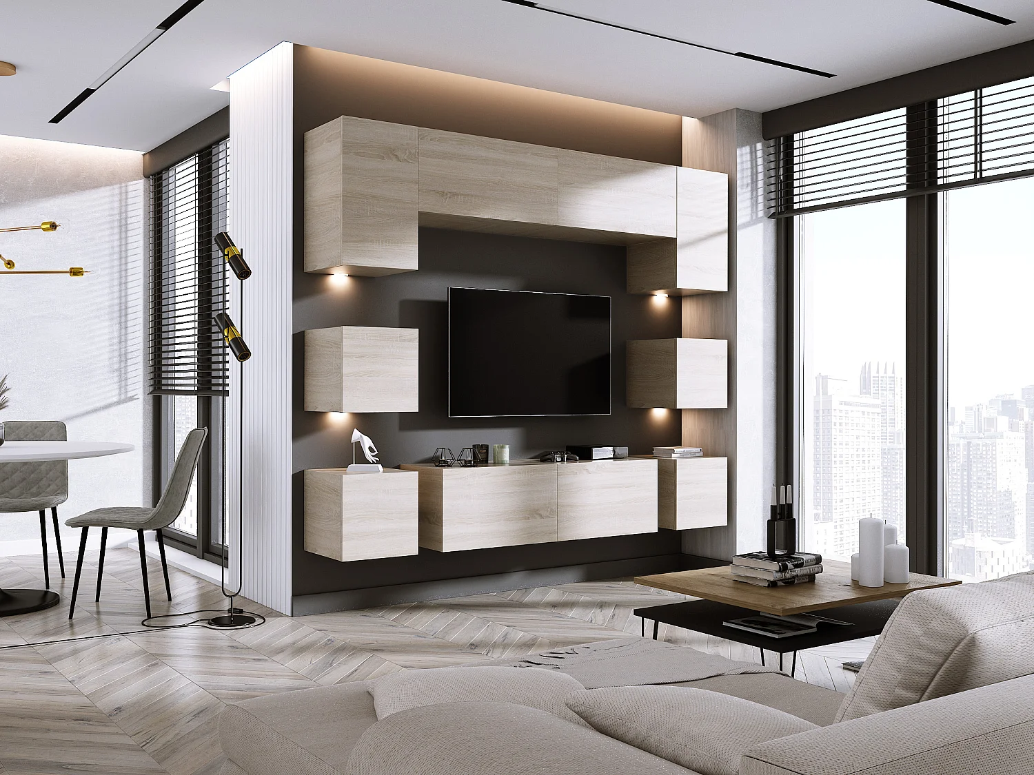 TV-wandmeubelset, wandmeubel, Sonoma eiken, LED-wandmeubel voor woonkamer