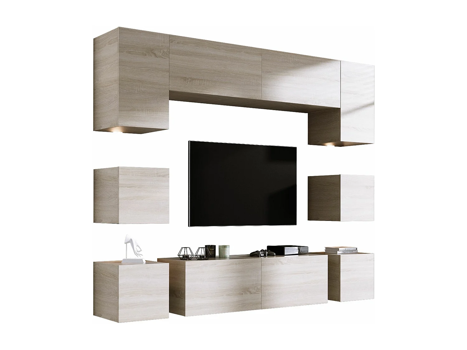 Elément mural, Chêne Sonoma, largeur : 228 cm, hauteur : RÉGLABLE, profondeur : 35 cm