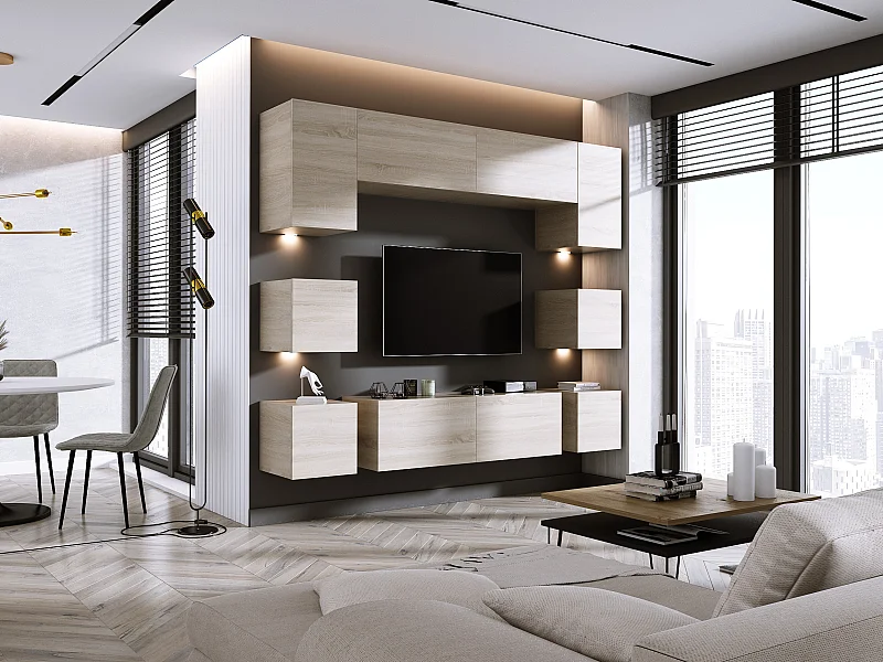 Conjunto de suporte de TV de parede, unidade de parede, Sonoma Oak, unidade de parede LED para sala de estar