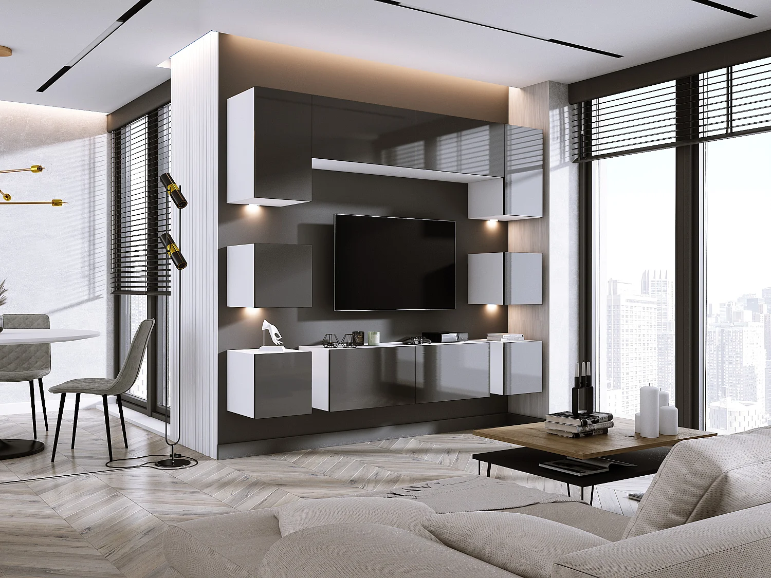 Wand-TV-Einheitsset, Wandeinheit, Mattweiß/Glänzendes Grau, LED-Wandeinheit für Wohnzimmer