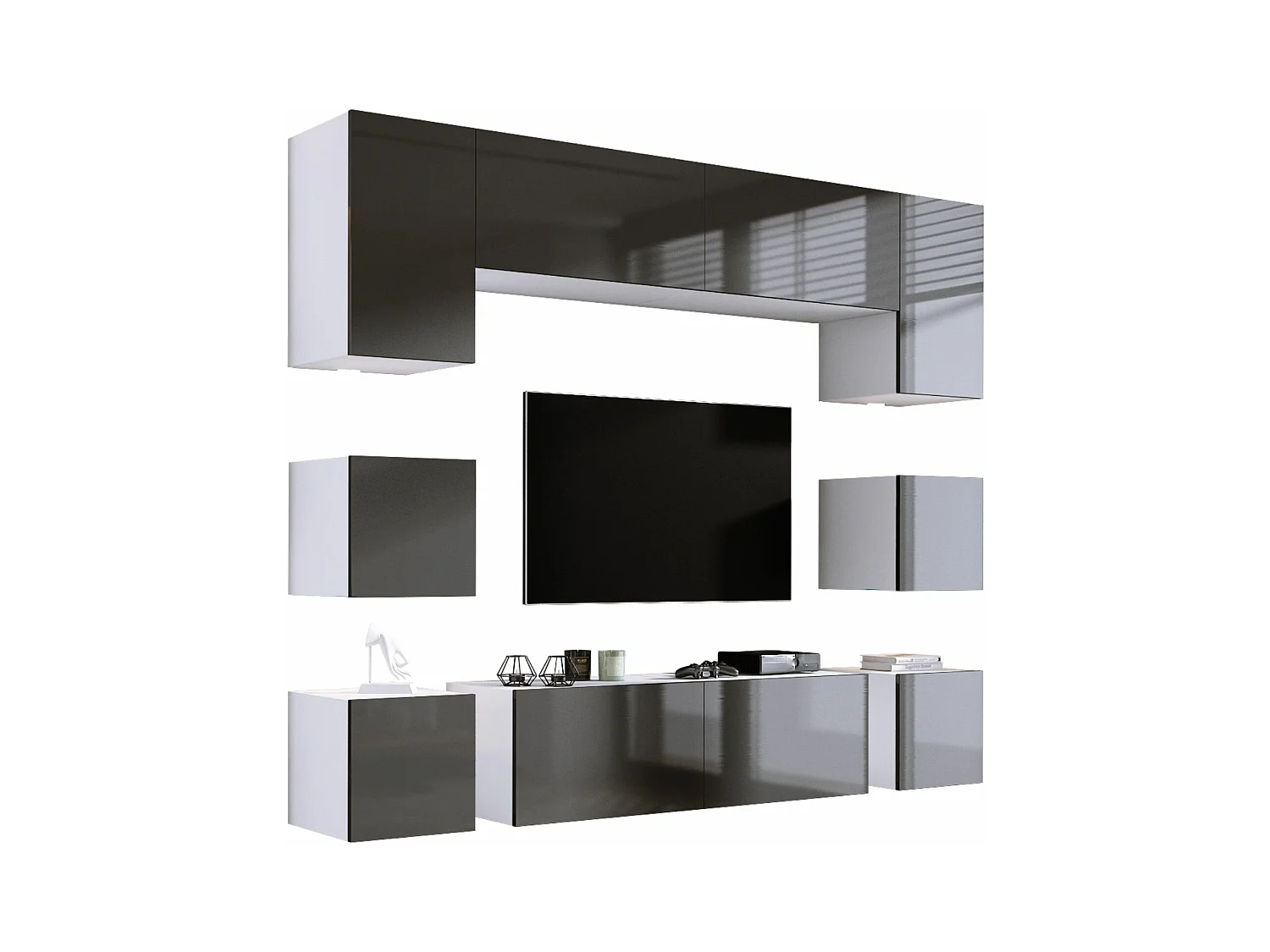 Wand-TV-Einheitsset, Wandeinheit, Mattweiß/Glänzendes Grau, LED-Wandeinheit für Wohnzimmer