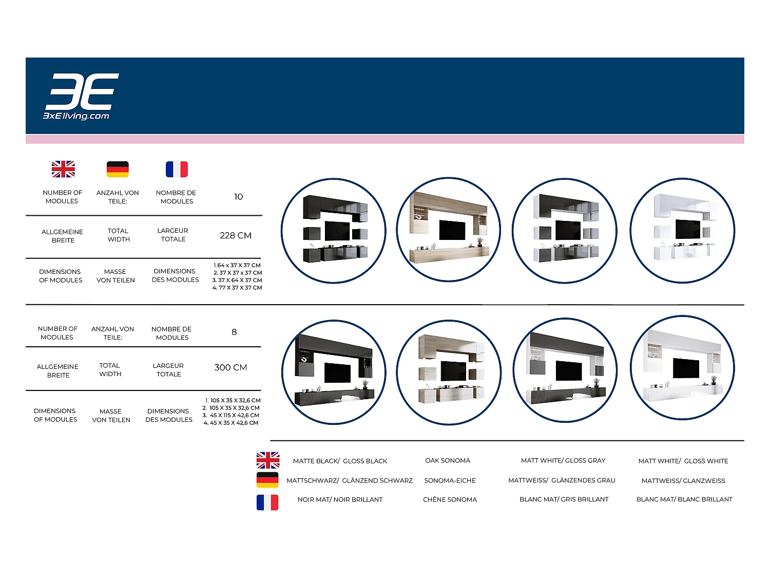 Wand-TV-Einheitsset, Wandeinheit, Mattweiß/Glänzendes Grau, LED-Wandeinheit für Wohnzimmer
