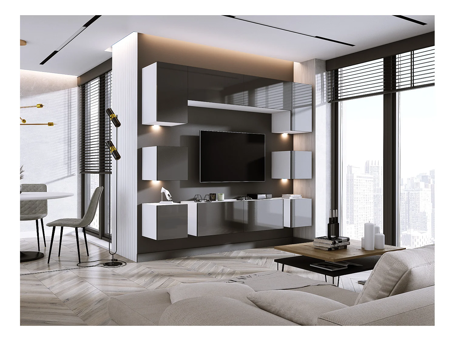 Elément mural, Noir Mat/Gris Brillant, largeur : 228 cm, hauteur : RÉGLABLE, profondeur : 35 cm