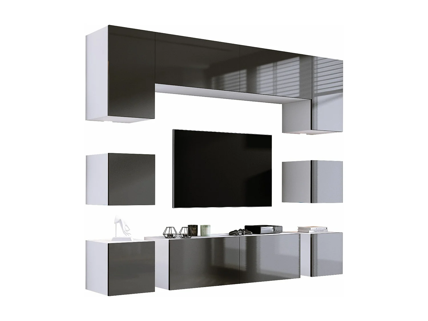 Elément mural, Noir Mat/Gris Brillant, largeur : 228 cm, hauteur : RÉGLABLE, profondeur : 35 cm