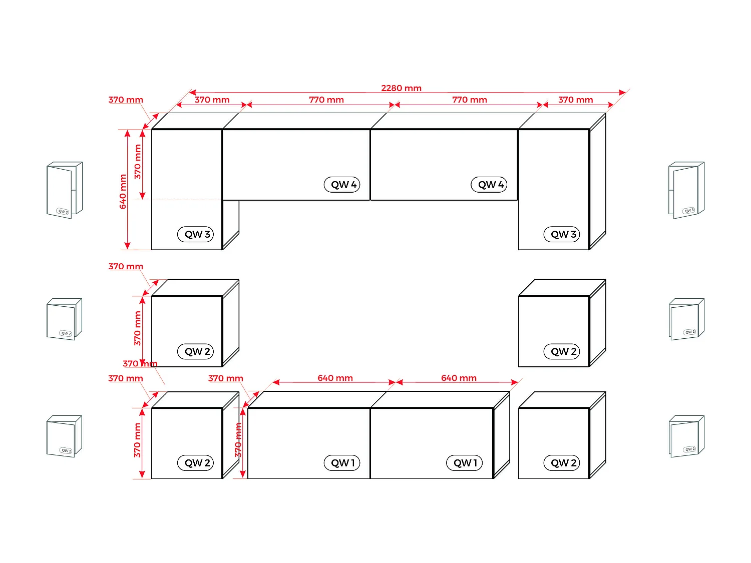 Elément mural, Noir Mat/Gris Brillant, largeur : 228 cm, hauteur : RÉGLABLE, profondeur : 35 cm