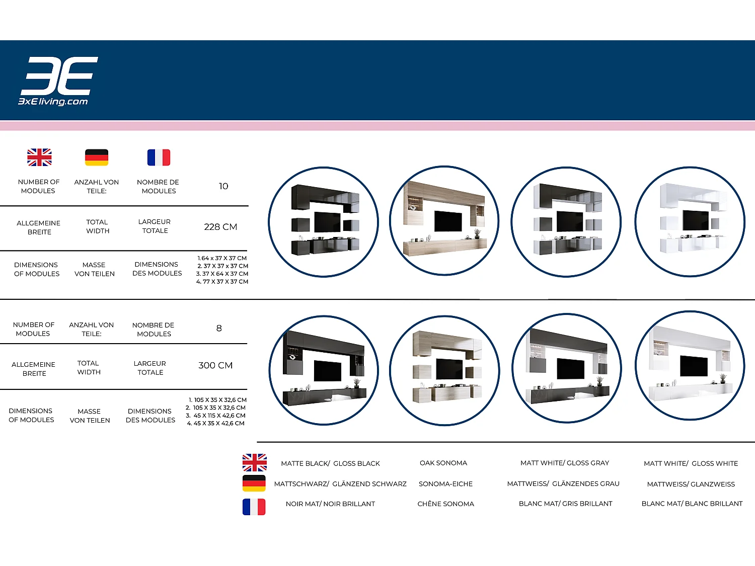 Elément mural, Noir Mat/Gris Brillant, largeur : 228 cm, hauteur : RÉGLABLE, profondeur : 35 cm