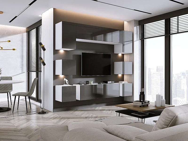 Conjunto de mueble de TV de pared, mueble de pared, blanco mate/gris brillante, mueble de pared LED para sala de estar