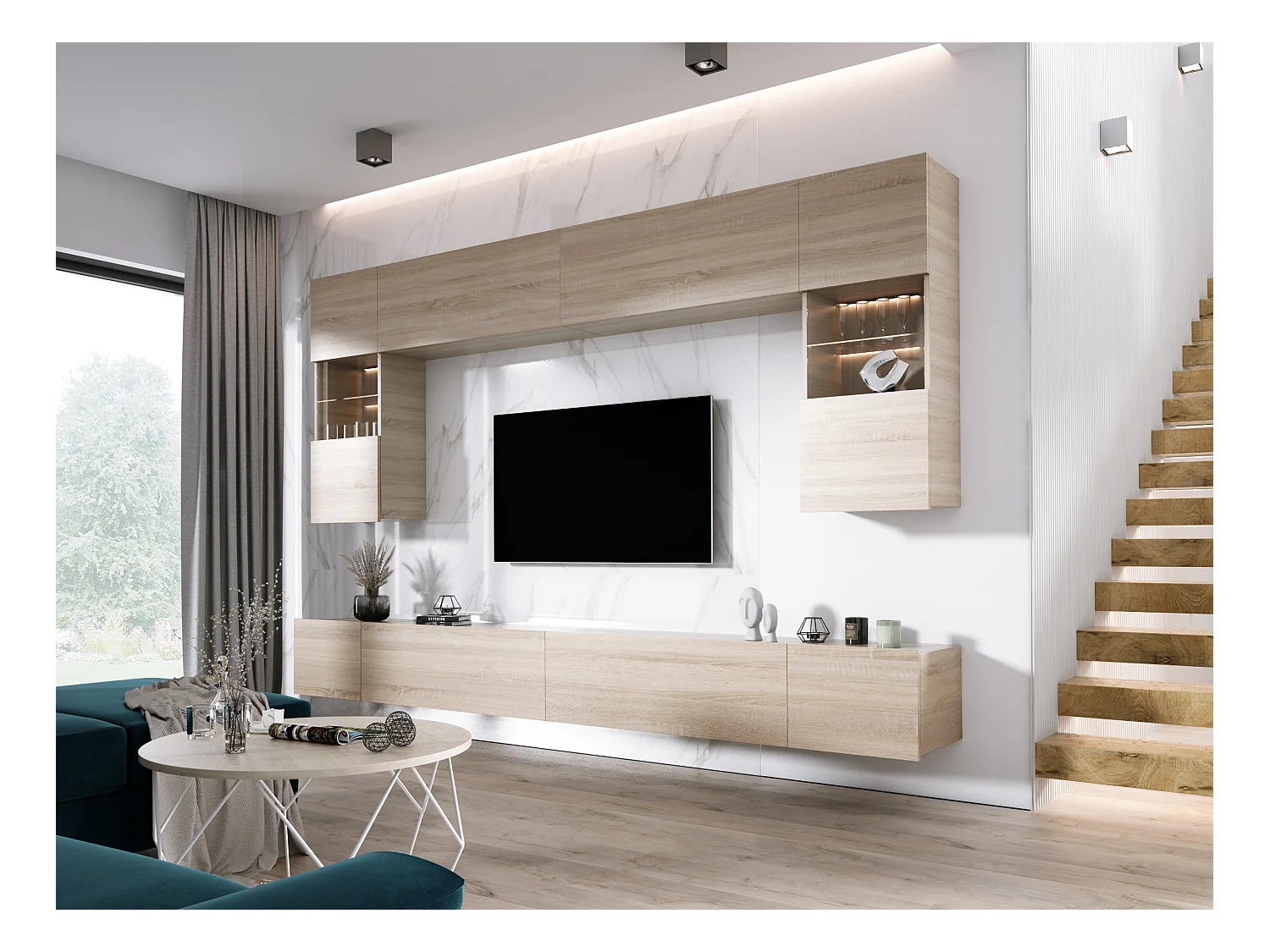 Wohnwand: Sonoma-Eiche, Breite: 300 cm, Höhe: VERSTELLBAR, Tiefe: 42 cm