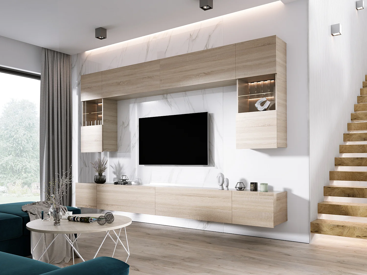 Elément mural : Chêne Sonoma, largeur : 300 cm, hauteur : RÉGLABLE, profondeur : 42 cm