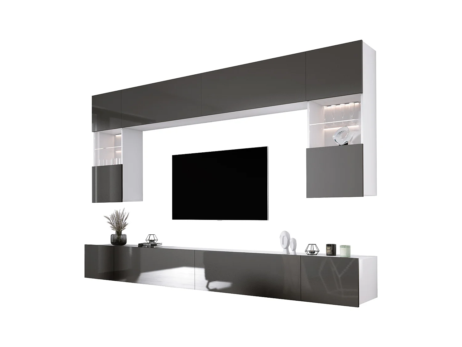 Meblościanka: Biały Matowy / Biały Błyszczący, szerokość: 300 cm, wysokość: REGULOWANA, głębokość: 42 cm