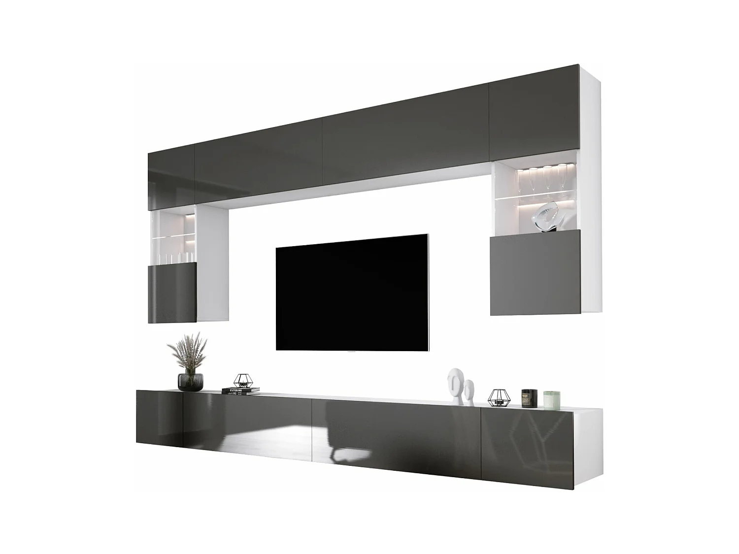 Meblościanka: Biały Matowy / Biały Błyszczący, szerokość: 300 cm, wysokość: REGULOWANA, głębokość: 42 cm