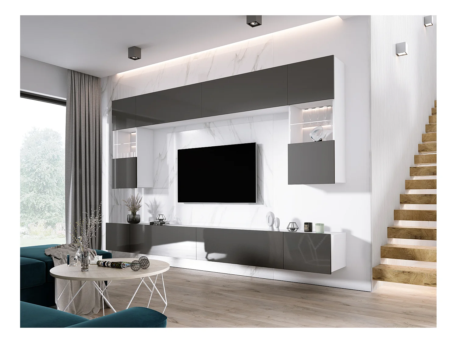 Meblościanka: Biały Matowy / Biały Błyszczący, szerokość: 300 cm, wysokość: REGULOWANA, głębokość: 42 cm