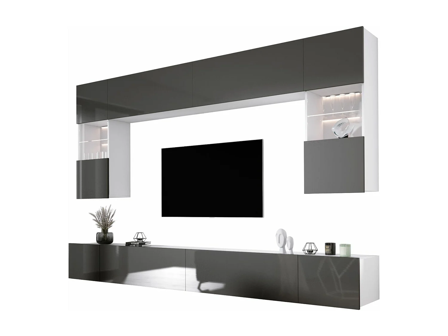 Elément mural : Blanc Mat / Blanc Brillant, largeur : 300 cm, hauteur : RÉGLABLE, profondeur : 42 cm