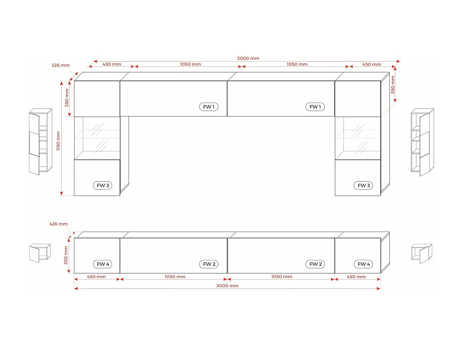 Elément mural : Blanc Mat / Blanc Brillant, largeur : 300 cm, hauteur : RÉGLABLE, profondeur : 42 cm