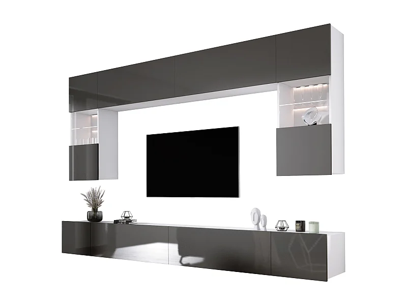 Elément mural : Blanc Mat / Blanc Brillant, largeur : 300 cm, hauteur : RÉGLABLE, profondeur : 42 cm