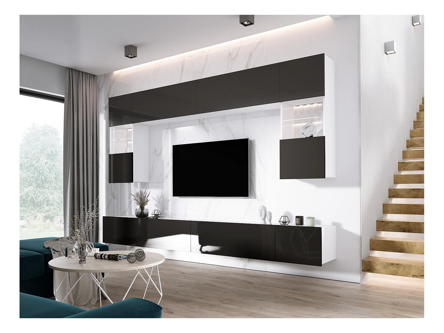 Elément mural : Blanc Mat / Noir Brillant, largeur : 300 cm, hauteur : RÉGLABLE, profondeur : 42 cm