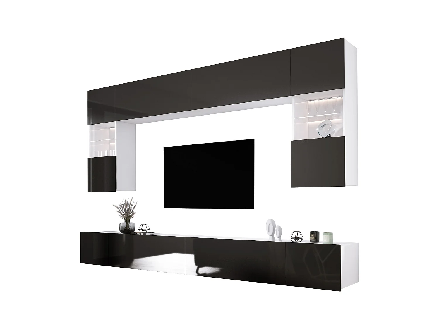 Elément mural : Blanc Mat / Noir Brillant, largeur : 300 cm, hauteur : RÉGLABLE, profondeur : 42 cm