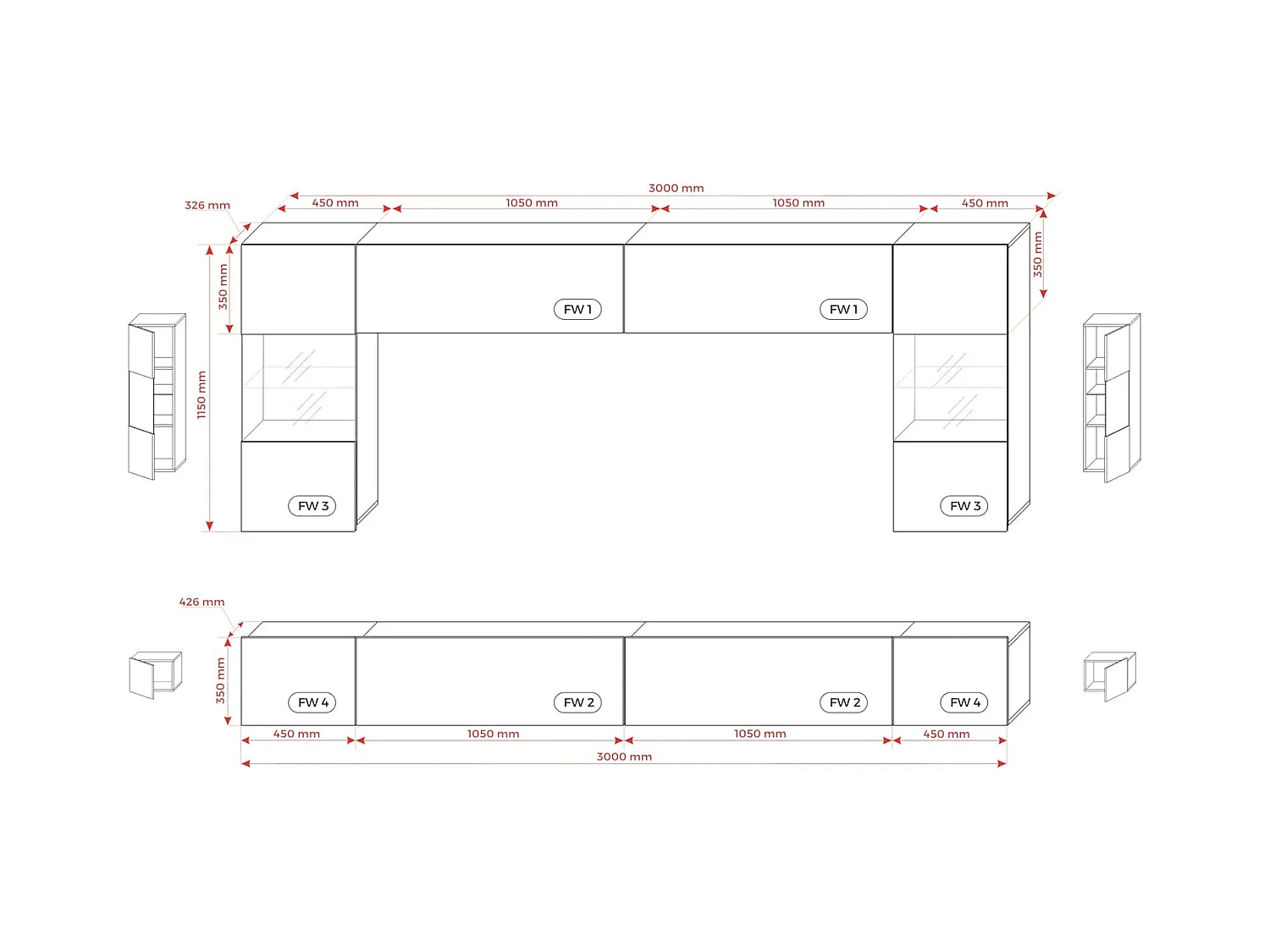 Elément mural : Blanc Mat / Noir Brillant, largeur : 300 cm, hauteur : RÉGLABLE, profondeur : 42 cm