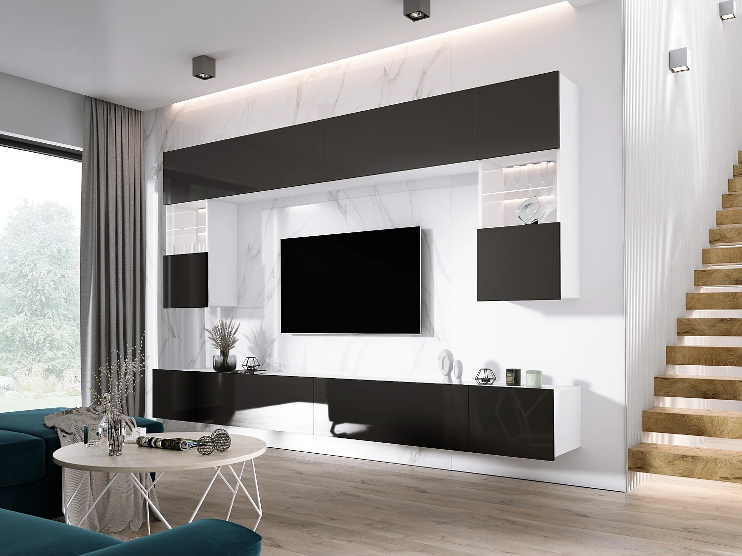 Elément mural : Blanc Mat / Noir Brillant, largeur : 300 cm, hauteur : RÉGLABLE, profondeur : 42 cm