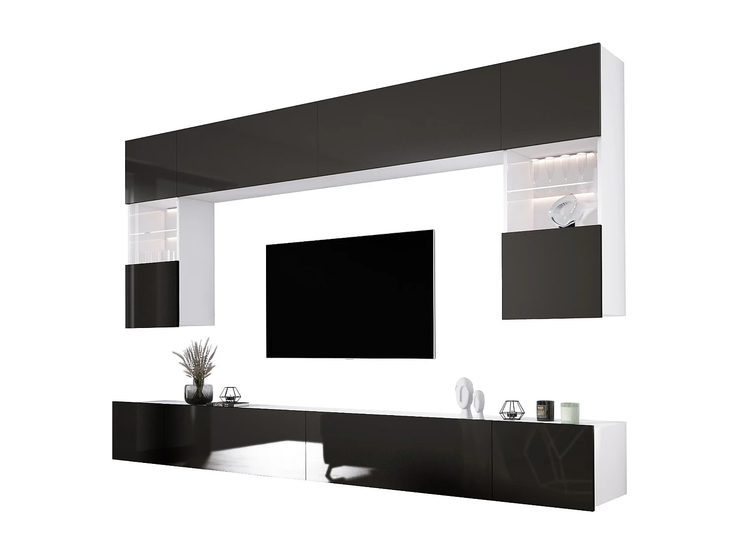 Elément mural : Blanc Mat / Noir Brillant, largeur : 300 cm, hauteur : RÉGLABLE, profondeur : 42 cm