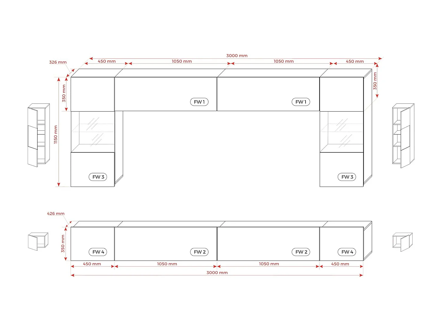 Elément mural : Blanc Mat / Noir Brillant, largeur : 300 cm, hauteur : RÉGLABLE, profondeur : 42 cm