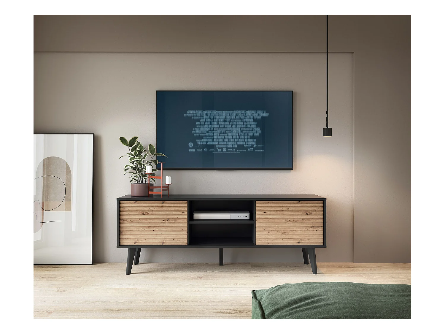 Meuble TV : Noir / Chêne Artisanal, 154 x 56 x 39 cm