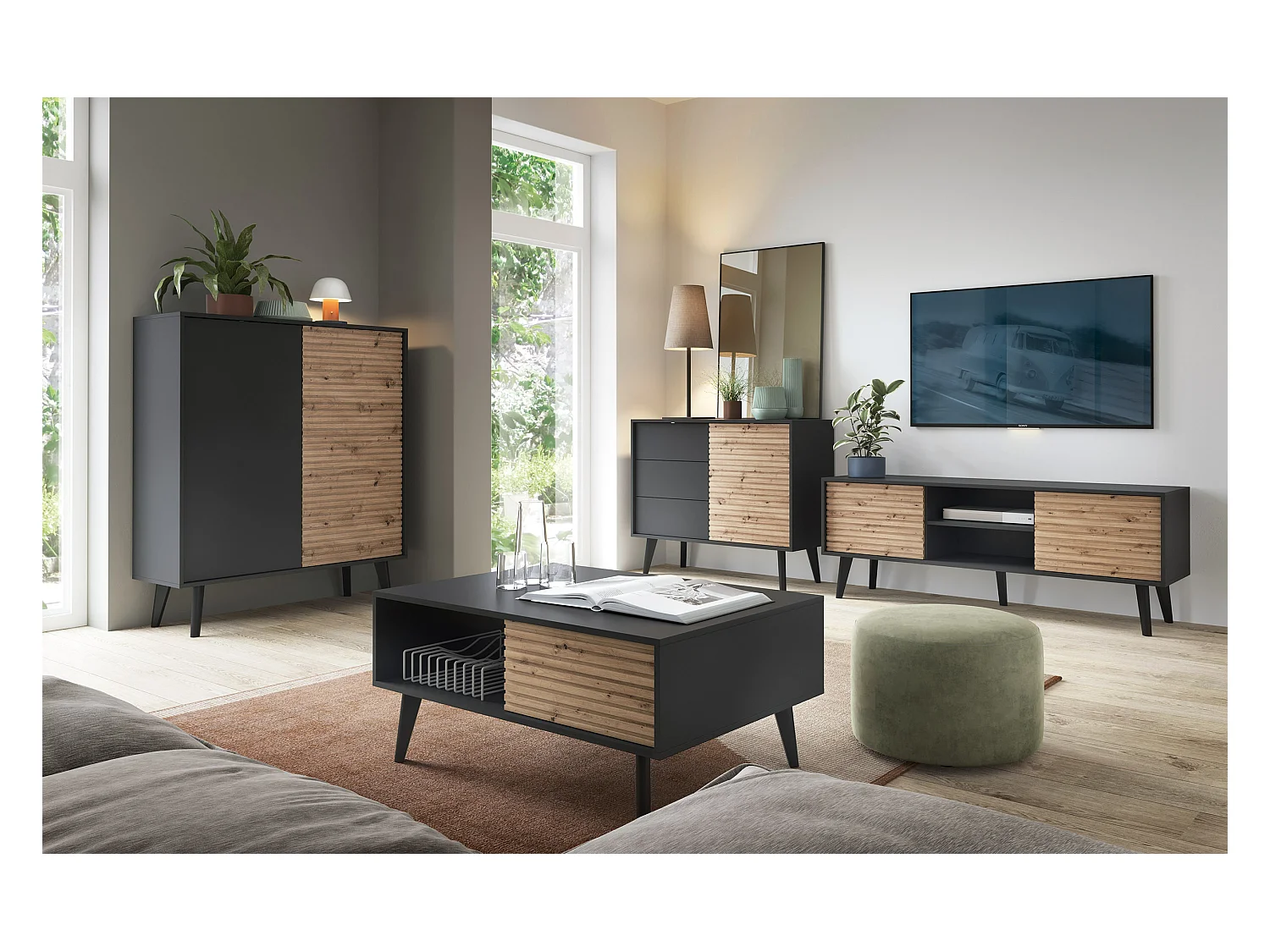 Meuble TV : Noir / Chêne Artisanal, 154 x 56 x 39 cm