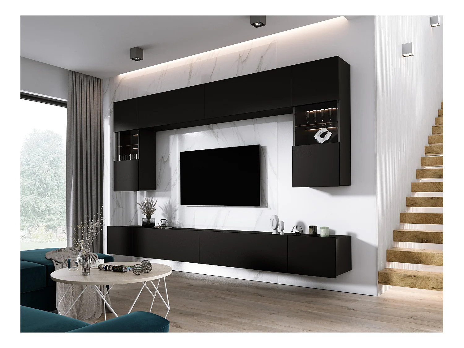 Elément mural : Noir Mat, largeur : 300 cm, hauteur : RÉGLABLE, profondeur : 42 cm