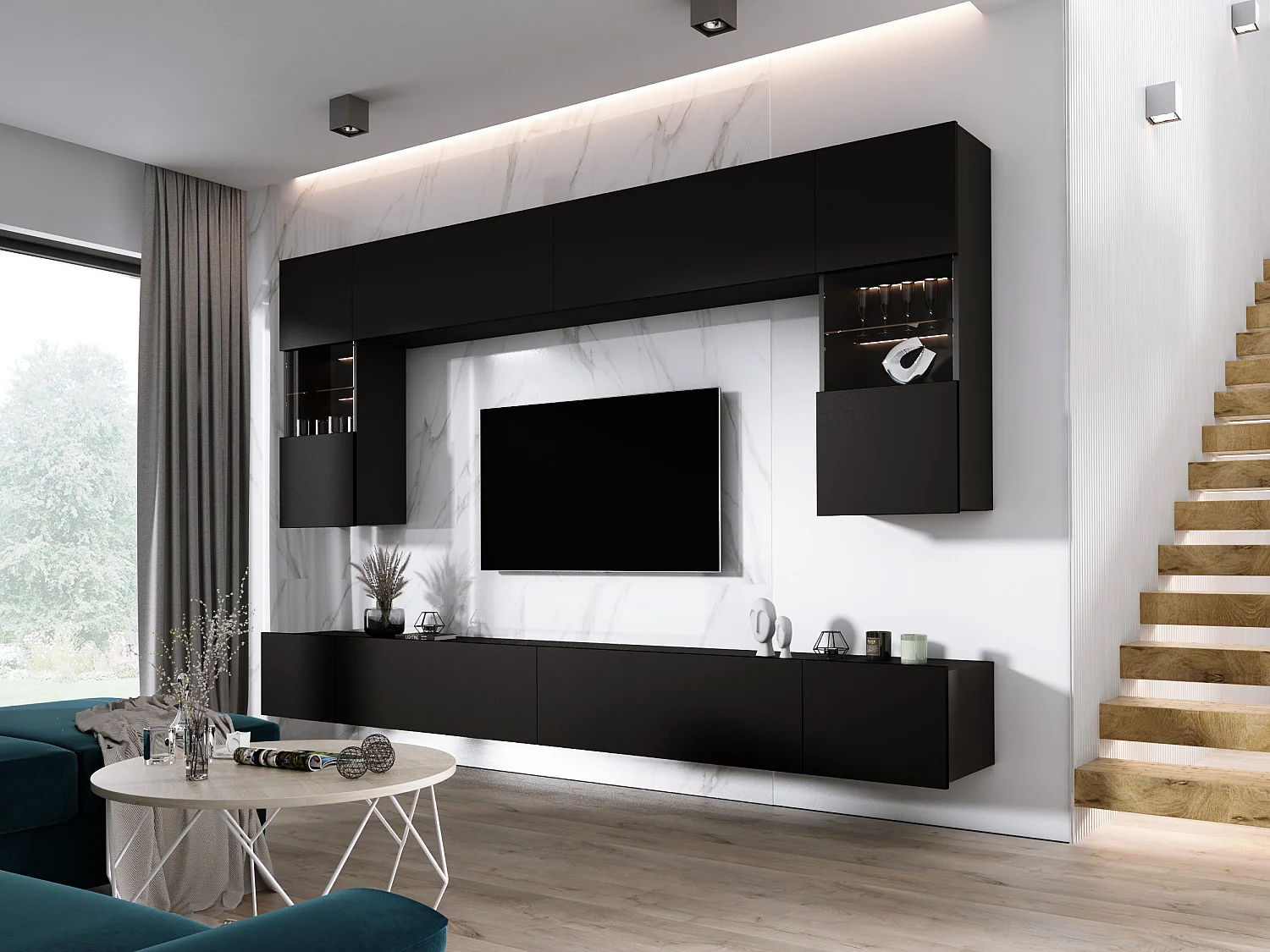 Elément mural : Noir Mat, largeur : 300 cm, hauteur : RÉGLABLE, profondeur : 42 cm