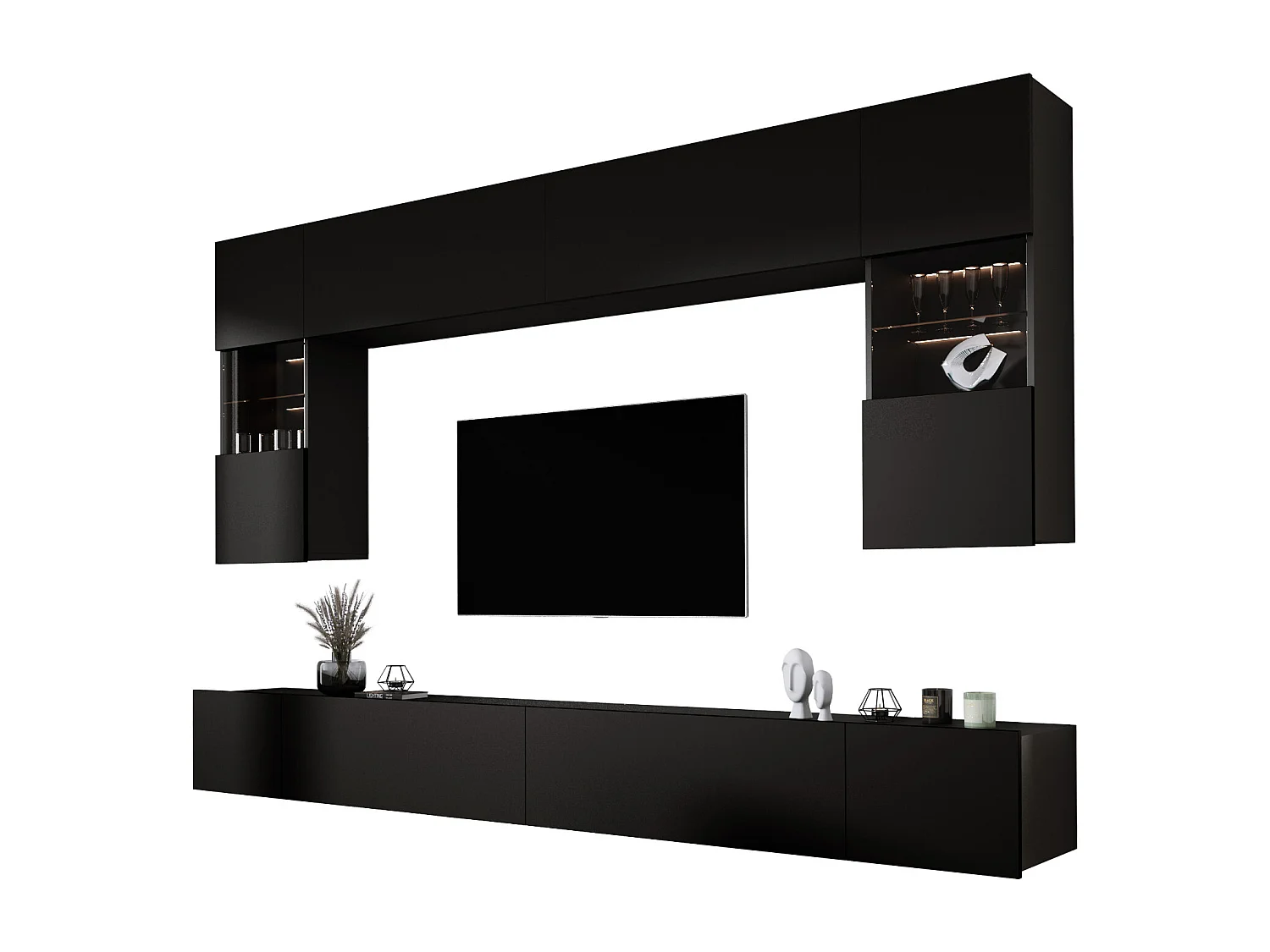 Elément mural : Noir Mat, largeur : 300 cm, hauteur : RÉGLABLE, profondeur : 42 cm