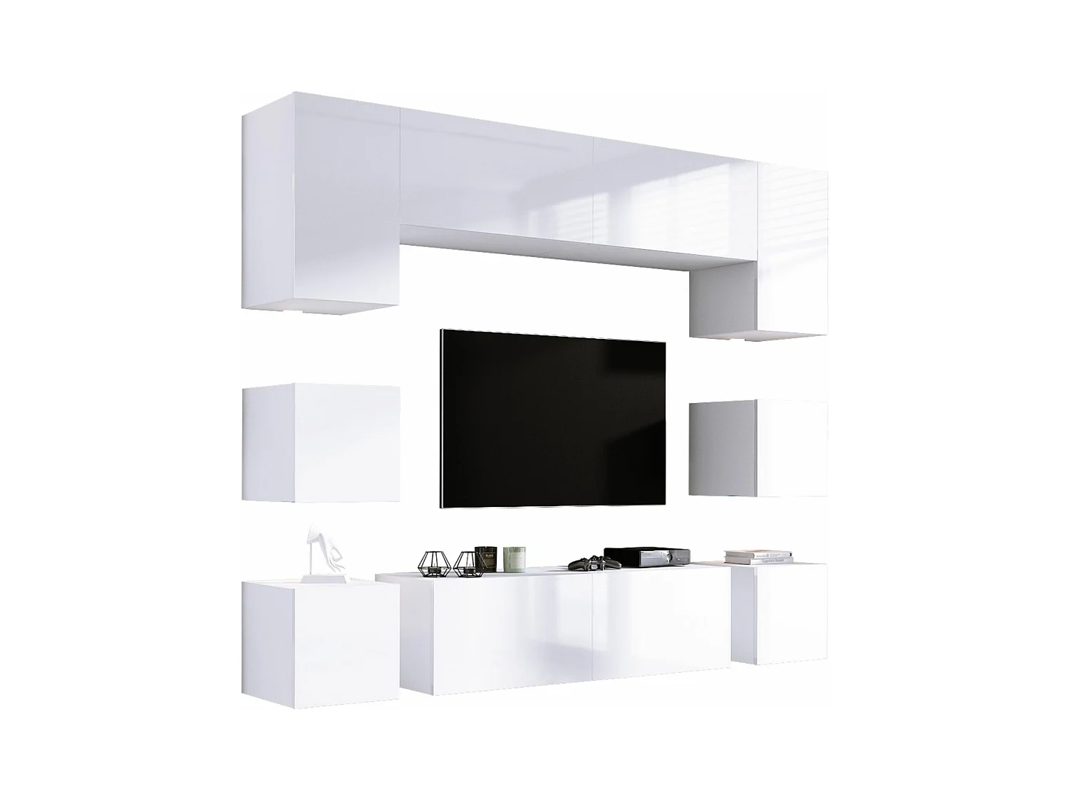 Zestaw ścienny do telewizora, meblościanka, biały matowy / biały błyszczący, meblościanka LED do salonu