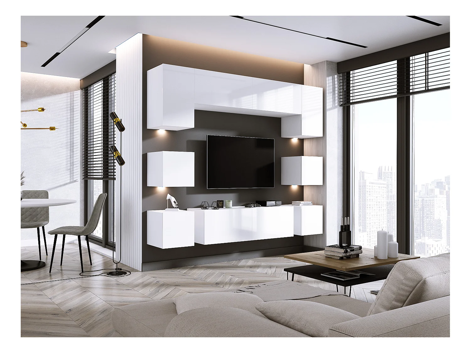 Elément mural, Blanc Mat/Gris Brillant, largeur : 228 cm, hauteur : RÉGLABLE, profondeur : 35 cm