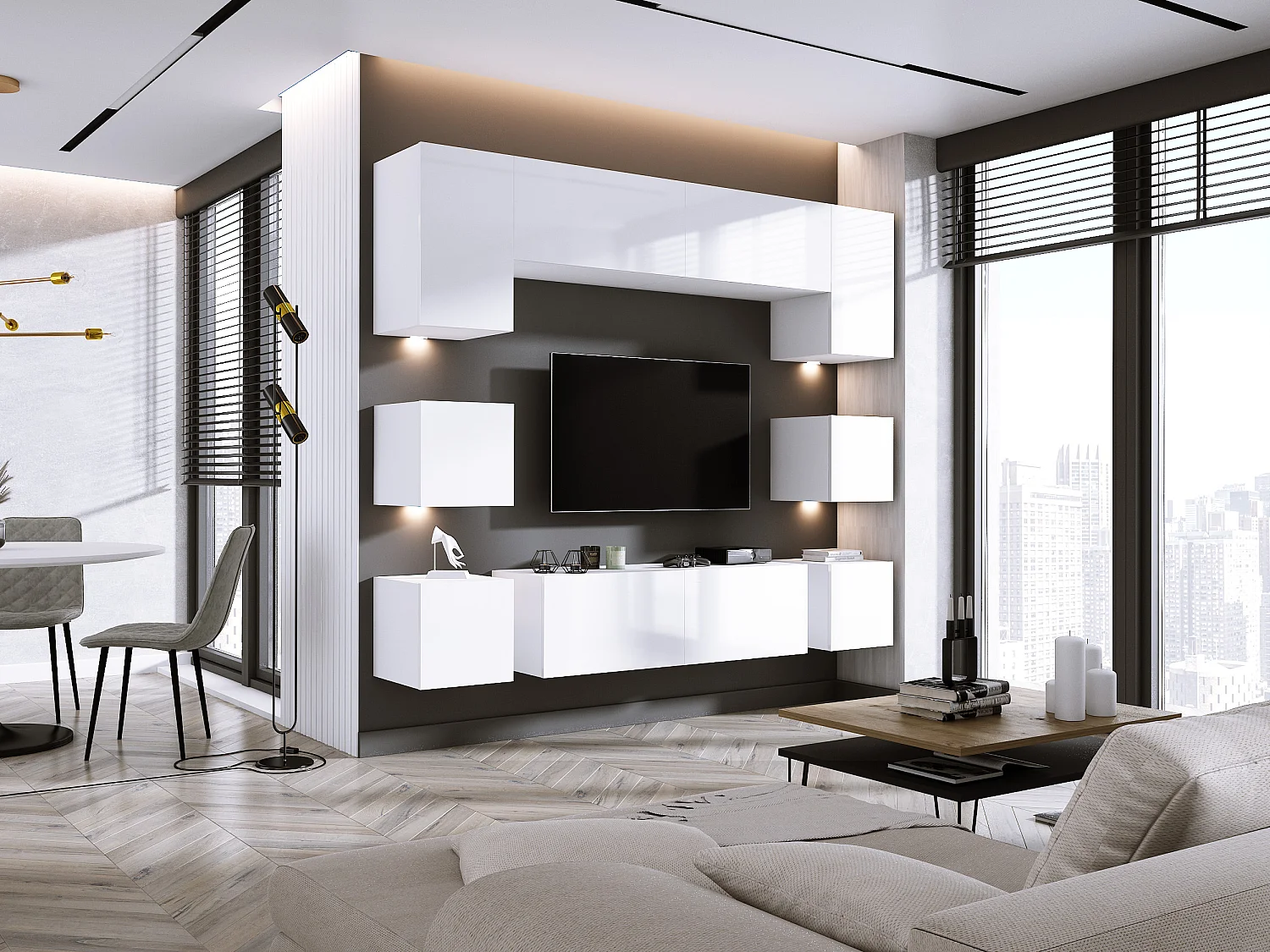 Conjunto de unidades de TV de parede, unidade de parede, branco fosco / branco brilhante, unidade de parede LED para sala de estar