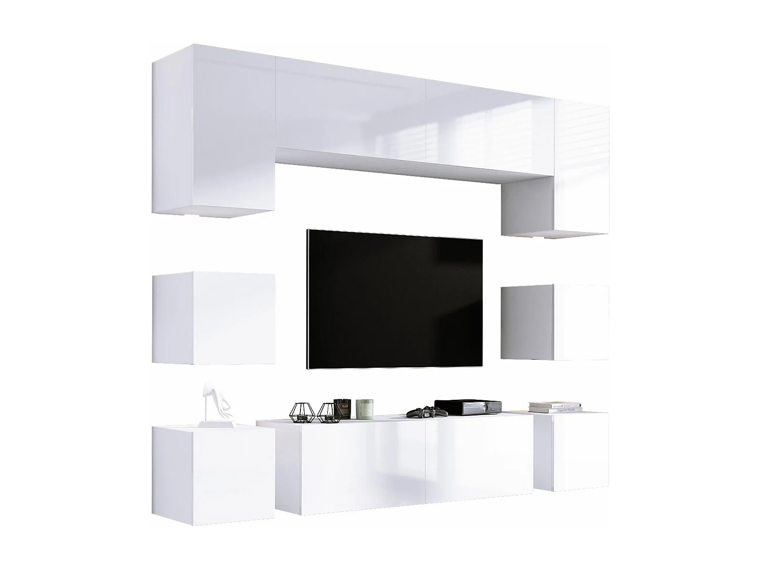 Conjunto de unidades de TV de parede, unidade de parede, branco fosco / branco brilhante, unidade de parede LED para sala de estar